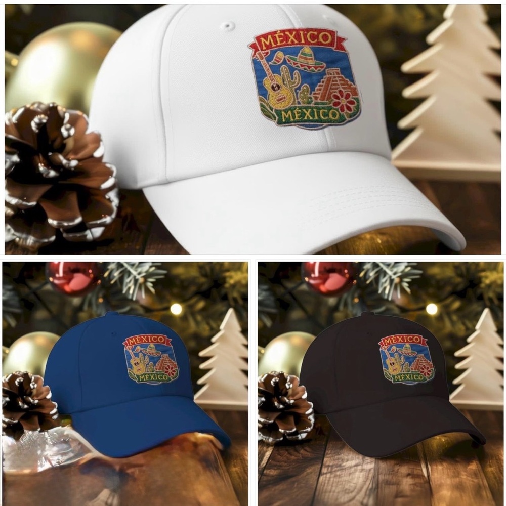 Mexico Embroidered Cap in White, Blue, and Black
